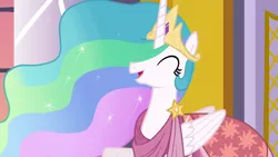 Size: 1920x1080 | Tagged: safe, derpibooru import, screencap, princess celestia, alicorn, pony, make new friends but keep discord, clothes, crown, cute, cutelestia, dress, ethereal mane, eyes closed, female, flowing mane, folded wings, gala, gala dress, having fun, jewelry, mare, multicolored mane, open mouth, regalia, sillestia, silly, smiling, sparkling mane, talking