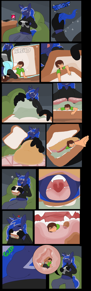 Size: 1136x3624 | Tagged: suggestive, artist:symbol, derpibooru import, princess luna, anthro, human, pony, gamer luna, anthro with ponies, blushing, bread, comic, esophagus, eyes closed, fetish, food, gamer artemis, gaming, giant pony, human prey, inside, licking, licking lips, lunapred, macro, magic, male, mawplay, mawshot, micro, mouth, mouthplay, one eye closed, open mouth, ponies eating humans, prince artemis, rule 63, sandwich, stomach, swallowing, teleportation, throat, throat bulge, tongue out, unaware, unaware vore, vore