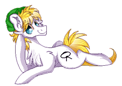 Size: 352x250 | Tagged: safe, artist:woonborg, derpibooru import, oc, unofficial characters only, earth pony, pony, :p, animated, chest fluff, commission, digital art, ear fluff, happy, hat, looking sideways, male, pixel art, prone, silly, simple background, smiling, solo, stallion, tongue out, transparent background