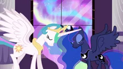 Size: 1280x720 | Tagged: alicorn, derpibooru import, ethereal mane, female, jewelry, mare, princess celestia, princess luna, regalia, royal sisters, safe, screencap, siblings, sisters, smiling, spread wings, starry mane, the crystal empire, wings