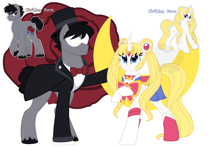 Size: 1280x900 | Tagged: safe, artist:faith-wolff, derpibooru import, ponified, pony, fanfic:the bridge, crossover, curved horn, darien shields, fanfic art, female, male, mare, sailor moon, simple background, stallion, transparent background, tuxedo mask