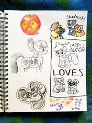 Size: 1280x1707 | Tagged: safe, artist:shoeunit, derpibooru import, apple bloom, applejack, earth pony, panda, pony, apple, bow, doll, female, filly, food, hat, sketchbook, toy, traditional art, what if