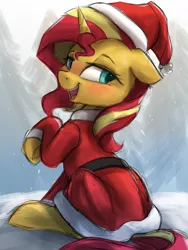 Size: 2250x3000 | Tagged: safe, artist:vanillaghosties, derpibooru import, sunset shimmer, pony, unicorn, atg 2018, christmas, clothes, costume, cute, female, floppy ears, hat, high res, holiday, lidded eyes, looking back, newbie artist training grounds, open mouth, raised hoof, santa claus, santa hat, shimmerbetes, sitting, snow, solo, sunset santa