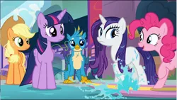 Size: 1582x890 | Tagged: safe, derpibooru import, screencap, applejack, gallus, pinkie pie, rarity, twilight sparkle, twilight sparkle (alicorn), alicorn, earth pony, gryphon, pony, unicorn, a rockhoof and a hard place, female, male, mare, water, wet, wet mane, wet mane rarity