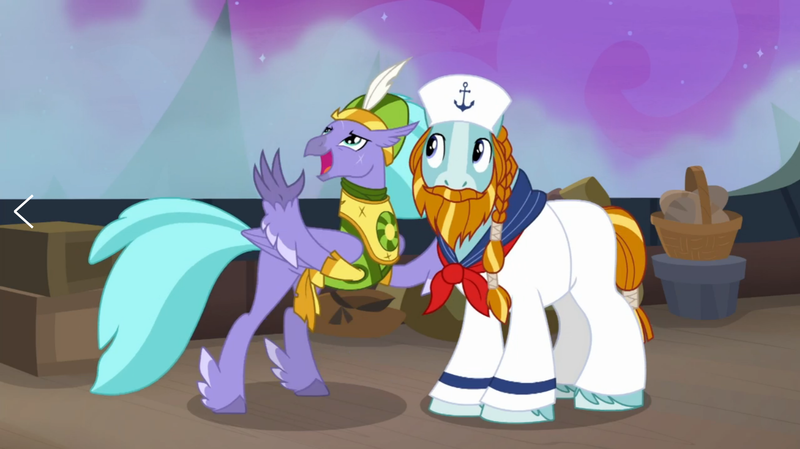 Size: 1573x883 | Tagged: safe, derpibooru import, screencap, rockhoof, seaspray, classical hippogriff, earth pony, hippogriff, pony, a rockhoof and a hard place, beard, braid, clothes, duo, facial hair, feathered fetlocks, male, moustache, open mouth, sailor hat, sailor uniform, stallion, uniform
