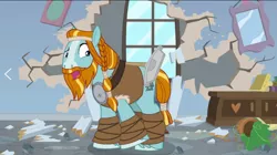 Size: 1560x874 | Tagged: safe, derpibooru import, screencap, rockhoof, earth pony, pony, a rockhoof and a hard place, beard, braid, facial hair, hole in the wall, male, moustache, open mouth, rockhoof's shovel, shovel, solo, stallion