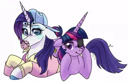 Size: 800x516 | Tagged: safe, artist:evergreen-gemdust, derpibooru import, rarity, twilight sparkle, twilight sparkle (alicorn), alicorn, pony, friendship university, backwards ballcap, baseball cap, cap, clothes, eyepatch, eyepatch (disguise), hat, paper-thin disguise, plainity, prone