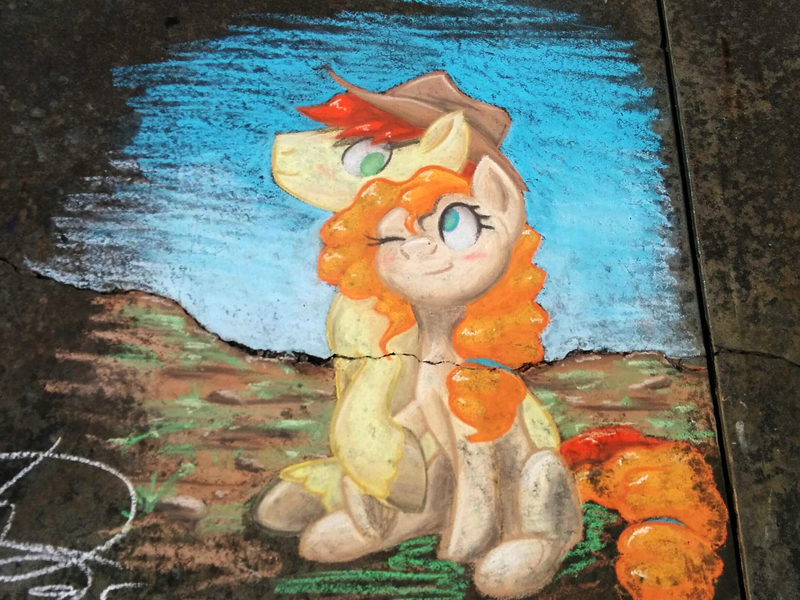 Size: 2448x1836 | Tagged: safe, artist:tadpoledraws, derpibooru import, bright mac, pear butter, brightbutter, chalk, chalk drawing, cute, female, male, shipping, straight, traditional art