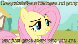 Size: 1600x900 | Tagged: safe, derpibooru import, edit, edited screencap, screencap, fluttershy, pegasus, pony, putting your hoof down, dreamworks face, female, flutterbitch, image macro, mare, meme, new fluttershy, raised eyebrow, reaction image, smug, solo, trollface