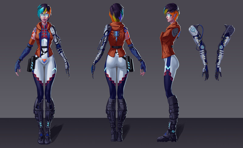 Size: 1600x975 | Tagged: alternate hair color, amputee, artist:sunset tide, ass, away from viewer, black hair, boots, cyberpunk, cyborg, derpibooru import, dyed hair, elf ears, female, glasses, gray background, human, humanized, prosthetic arm, prosthetic limb, prosthetics, rainbow dash, safe, shoes, simple background, solo, visor, woman