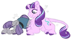 Size: 904x493 | Tagged: safe, artist:the-forgetful-artist, derpibooru import, maud pie, starlight glimmer, classical unicorn, earth pony, pony, unicorn, cheek fluff, chest fluff, cloven hooves, ear fluff, female, leonine tail, lesbian, looking at you, shipping, simple background, smiling, starmaud, transparent background, unshorn fetlocks