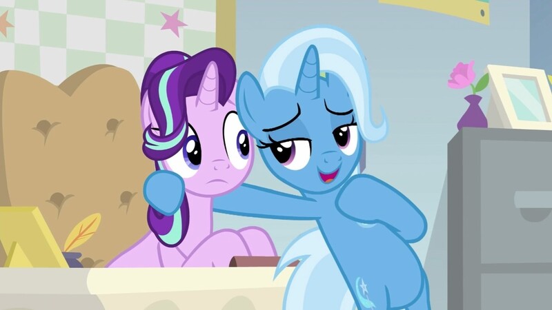 Size: 1280x720 | Tagged: safe, derpibooru import, screencap, starlight glimmer, trixie, pony, unicorn, road to friendship, belly, bipedal, desk, duo, duo female, female, mare, starlight's office