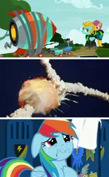 Size: 994x1613 | Tagged: semi-grimdark, derpibooru import, edit, edited screencap, screencap, lightning dust, rainbow dash, scootaloo, pegasus, pony, parental glideance, the washouts (episode), abuse, bad end, challenger, clothes, comic, explosion, female, filly, implied death, implied scootabuse, mare, rocket, sad, screencap comic, this will not end well, uniform, washouts uniform, we are going to hell