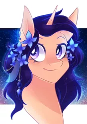 Size: 698x1000 | Tagged: safe, artist:waterz-colrxz, derpibooru import, oc, oc:watercolors, pony, unicorn, bust, female, flower, flower in hair, mare, portrait, solo