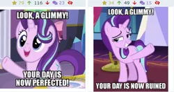 Size: 510x271 | Tagged: comparison, derpibooru, derpibooru import, duality, exploitable meme, image macro, juxtaposition, meme, meta, safe, starlight glimmer, subverted meme, your day is ruined