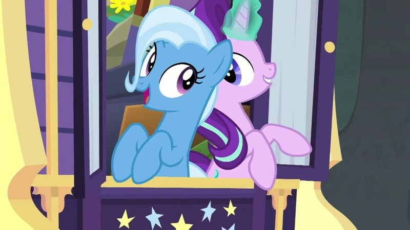 Size: 1280x720 | Tagged: safe, derpibooru import, screencap, starlight glimmer, trixie, pony, unicorn, road to friendship, duo, duo female, female, glowing horn, magic, magic aura, mare, open mouth, smiling, trixie's wagon