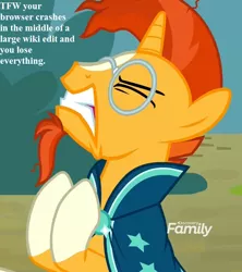 Size: 640x720 | Tagged: safe, derpibooru import, edit, edited screencap, screencap, sunburst, pony, unicorn, the parent map, clothes, cropped, discovery family logo, eyes closed, frustrated, glasses, male, messy mane, obligatory pony, robe, solo, stallion, text, tfw