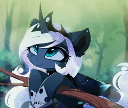 Size: 1280x1078 | Tagged: safe, artist:magnaluna, derpibooru import, princess luna, zefiros codex, alternate universe, beautiful, colored wings, colored wingtips, curved horn, cute, daaaaaaaaaaaw, ear fluff, ethereal mane, flowing mane, forest, looking at you, lunabetes, scenery, solo