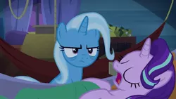 Size: 1255x706 | Tagged: safe, derpibooru import, screencap, starlight glimmer, trixie, pony, unicorn, road to friendship, annoyed, bags under eyes, duo, duo female, female, hammock, mare, sleeping, snorelight glimmer, snoring, tired, trixie is not amused, unamused