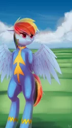 Size: 1440x2560 | Tagged: safe, artist:quvr, derpibooru import, rainbow dash, pegasus, semi-anthro, wonderbolts academy, bipedal, clothes, female, image, latex, latex suit, mare, png, solo, uniform, wonderbolts uniform