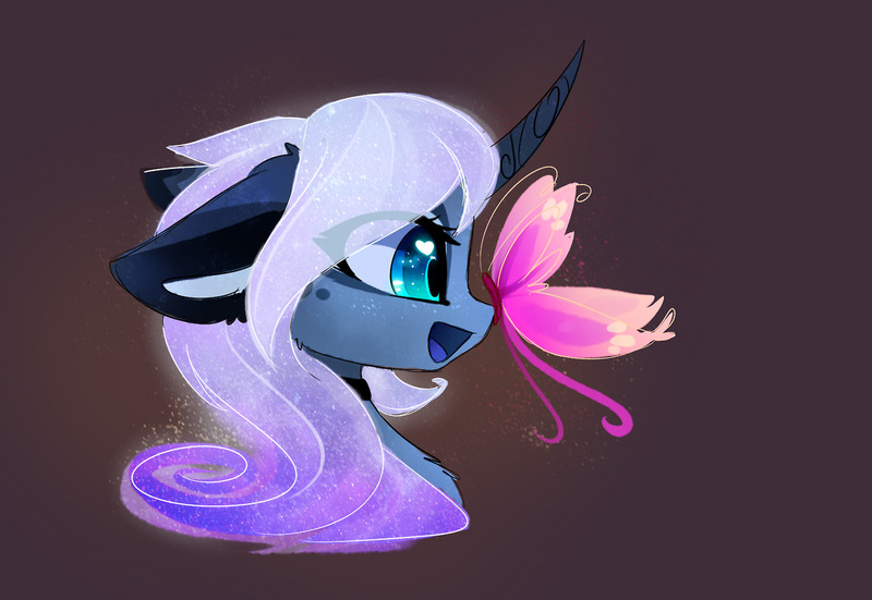 Size: 1280x881 | Tagged: safe, artist:magnaluna, derpibooru import, princess luna, butterfly, zefiros codex, alternate design, alternate hairstyle, beautiful, bust, butterfly on nose, chest fluff, color porn, curved horn, cute, daaaaaaaaaaaw, ear fluff, happy, insect on nose, looking at something, lunabetes, missing accessory, open mouth, simple background, solo, wingding eyes
