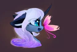 Size: 1280x881 | Tagged: safe, artist:magnaluna, derpibooru import, princess luna, butterfly, zefiros codex, alternate design, alternate hairstyle, beautiful, bust, butterfly on nose, chest fluff, color porn, curved horn, cute, daaaaaaaaaaaw, ear fluff, happy, insect on nose, looking at something, lunabetes, missing accessory, open mouth, simple background, solo, wingding eyes