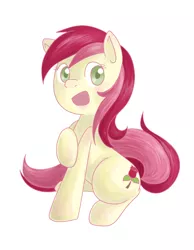 Size: 700x900 | Tagged: safe, artist:lourita-shine, derpibooru import, roseluck, earth pony, pony, cute, looking at you, open mouth, raised hoof, simple background, sitting, solo, white background