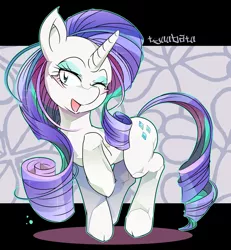 Size: 1600x1732 | Tagged: safe, artist:tyuubatu, derpibooru import, rarity, pony, unicorn, female, mare, one eye closed, smiling, solo, wink