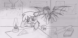 Size: 1782x886 | Tagged: safe, artist:lockerobster, derpibooru import, cherry berry, earth pony, pony, background pony, female, flying machine, hot air balloon, mannequin, monochrome, solo, traditional art