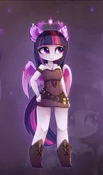 Size: 1139x1920 | Tagged: safe, alternate version, artist:magnaluna, derpibooru import, twilight sparkle, twilight sparkle (alicorn), alicorn, anthro, unguligrade anthro, ambiguous facial structure, belt, belt buckle, boots, breasts, busty twilight sparkle, cheek fluff, clothes, corset, cute, cutie mark necklace, dress, ear fluff, female, jewelry, looking at something, necklace, scroll, shoes, solo, twiabetes