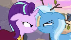 Size: 1280x720 | Tagged: safe, derpibooru import, screencap, starlight glimmer, trixie, pony, unicorn, road to friendship, boop, duo, duo female, eye contact, female, floppy ears, glare, horns are touching, looking at each other, mare, messy mane, noseboop, tree branch