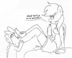 Size: 1321x1071 | Tagged: anthro, artist:a_friendly_guest, barefoot, bottle, breasts, clothes, derpibooru import, feet, feet on face, female, fetish, foot fetish, male, rainbow dash, rainbowspike, shipping, sketch, spike, straight, suggestive, sweat, tail, toe ring, toes, vulgar, wings