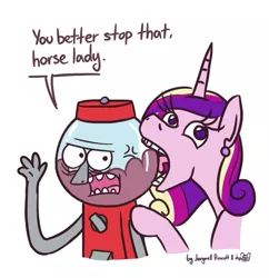 Size: 655x676 | Tagged: safe, artist:dsp2003, artist:jargon scott, derpibooru import, princess cadance, alicorn, pony, benson, collaboration, comic, cross-popping veins, crossover, female, gumball machine, licking, male, mlem, regular show, silly, single panel, this will end in tears, tongue out