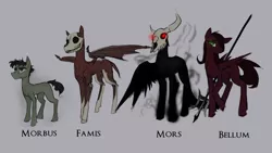 Size: 1920x1080 | Tagged: safe, artist:nsilverdraws, derpibooru import, oc, oc:bellum, oc:famis, oc:morbus, oc:mors, unofficial characters only, earth pony, pegasus, pony, bone, colt, death, famine, female, four horsemen of the apocalypse, glowing eyes, gray background, horns, horseman of death, horseman of famine, horseman of pestilence, horseman of war, latin, male, mare, muscles, pestilence, red eyes, shadow, simple background, skull, skull head, spear, stallion, war, weapon, wings