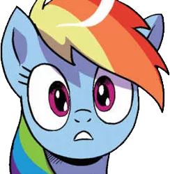 Size: 273x280 | Tagged: safe, artist:pencils, derpibooru import, idw, rainbow dash, pegasus, pony, spoiler:comic, spoiler:comic69, background removed, bust, official comic, reaction image, shocked, simple background, surprised, transparent background