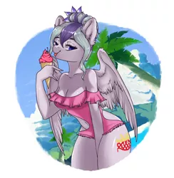 Size: 1812x1856 | Tagged: suggestive, artist:lovely-pony, derpibooru import, oc, oc:feather fry, unofficial characters only, anthro, pegasus, anthro oc, beach, belly button, breasts, cleavage, clothes, digital art, dress, female, food, hair bun, ice cream, licking, looking at you, looking sideways, mare, paint tool sai, solo, speedpaint, speedpaint available, summer, tongue out