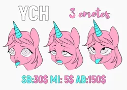 Size: 1131x800 | Tagged: suggestive, artist:yasuokakitsune, derpibooru import, pony, unicorn, advertisement, ahegao, bust, commission, crying, drool, emotes, eyes rolling back, open mouth, pleasure, set, tears of joy, tears of pleasure, your character here