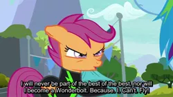 Size: 1920x1080 | Tagged: safe, derpibooru import, screencap, rainbow dash, scootaloo, pegasus, pony, the washouts (episode), angry, canon, faic, female, filly, foal, scootaloo can't fly, scootaloo will never fly, solo focus, subtitles, washouts uniform