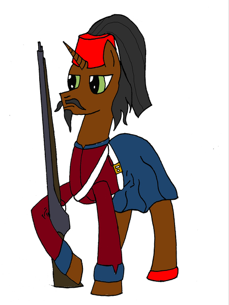 Size: 2449x3265 | Tagged: safe, artist:timejumper, derpibooru import, oc, unofficial characters only, pony, unicorn, beard, clothes, facial hair, fez, gun, hat, moustache, ottoman, plume, rifle, skirt, soldier, uniform, weapon