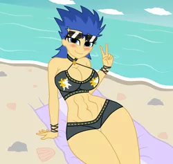 Size: 1900x1800 | Tagged: suggestive, artist:mashoart, derpibooru import, flash sentry, equestria girls, equestria girls series, abs, beach, big breasts, bikini, blushing, breasts, busty flare warden, cleavage, clothes, clothes swap, equestria guys, female, flare warden, implied sunset shimmer, male, ocean, peace sign, rule 63, sand, smiling, solo, solo female, stupid sexy flare warden, stupid sexy flash sentry, sunglasses, swimsuit