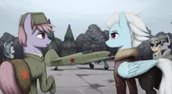 Size: 4300x2354 | Tagged: safe, artist:mrscroup, derpibooru import, fleetfoot, marble pie, oc, pony, equestria at war mod, airfield, cap, clothes, fighter plane, hair over one eye, hat, open mouth, plane, raised hoof, snow, soviet, tree, world war ii, yak-1