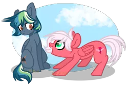 Size: 959x646 | Tagged: safe, artist:detoxx-retoxx, derpibooru import, oc, oc:flitterbug, oc:stratus storm, unofficial characters only, pegasus, pony, base used, colt, duo, female, filly, male, next generation, offspring, parent:big macintosh, parent:dumbbell, parent:fluttershy, parent:rainbow dash, parents:dumbdash, parents:fluttermac, simple background, transparent background