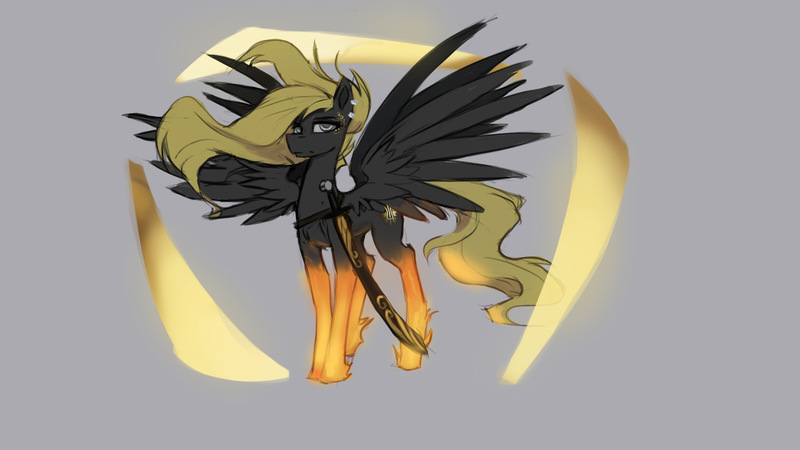 Size: 1920x1080 | Tagged: safe, artist:nsilverdraws, derpibooru import, oc, oc:veen sundown, unofficial characters only, horse, pegasus, pony, blonde, colored pupils, conquest, ear piercing, earring, female, flowing mane, flowing tail, four horsemen of the apocalypse, four wings, frown, glow, glowing hooves, gray background, hoof fluff, jewelry, leg fluff, lidded eyes, looking at you, magic, majestic, makeup, mare, piercing, scabbard, simple background, solo, spread wings, sundown clan, sword, weapon, white eyes, wind, wings