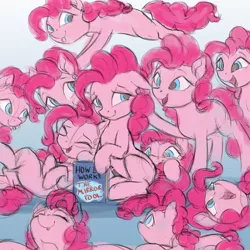 Size: 4000x4000 | Tagged: safe, artist:vanillaghosties, derpibooru import, pinkie pie, earth pony, pony, too many pinkie pies, absurd resolution, atg 2018, book, cave, cave pool, clone, clones, eyes closed, female, mare, mirror pool, multeity, newbie artist training grounds, pinkie clone, too much pink energy is dangerous