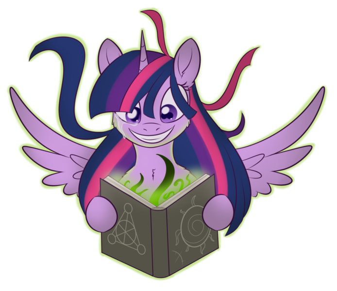 Size: 1305x1128 | Tagged: alicorn, artist:dusthiel, book, crying, derpibooru import, evil grin, female, grin, magic, mare, safe, simple background, smiling, solo, transparent background, twilight sparkle, twilight sparkle (alicorn)