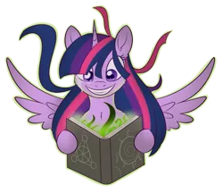 Size: 1305x1128 | Tagged: alicorn, artist:dusthiel, book, crying, derpibooru import, evil grin, female, grin, magic, mare, safe, simple background, smiling, solo, transparent background, twilight sparkle, twilight sparkle (alicorn)