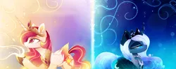 Size: 3193x1265 | Tagged: safe, artist:magnaluna, derpibooru import, princess celestia, princess luna, alicorn, pony, zefiros codex, alternate universe, colored wings, cutie mark, day, duality, ethereal mane, female, jewelry, night, regalia, royal sisters, siblings, sisters, wingding eyes