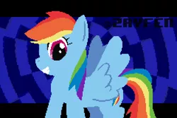 Size: 480x320 | Tagged: safe, artist:zayfen, derpibooru import, rainbow dash, pegasus, pony, derpibooru, digital art, earthbound background, grin, happy, pixel art, smiling, solo