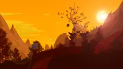 Size: 1920x1080 | Tagged: safe, artist:probaldr, derpibooru import, gryphon, griffonstone, lens flare, lineless, mountain, scenery, silhouette, sun, sunset, tree, wallpaper, wings