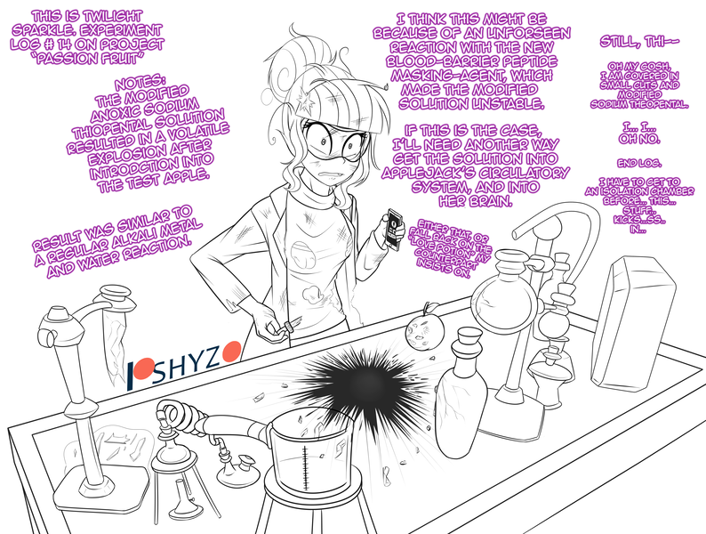 Size: 4317x3263 | Tagged: safe, artist:pshyzomancer, derpibooru import, sci-twi, twilight sparkle, equestria girls, apple, beaker, broken glass, clothes, commission, food, implied lesbian, implied shipping, implied twijack, lab coat, lineart, messy hair, patreon, patreon logo, phone, safety goggles, scorch marks, torn clothes, wardrobe malfunction